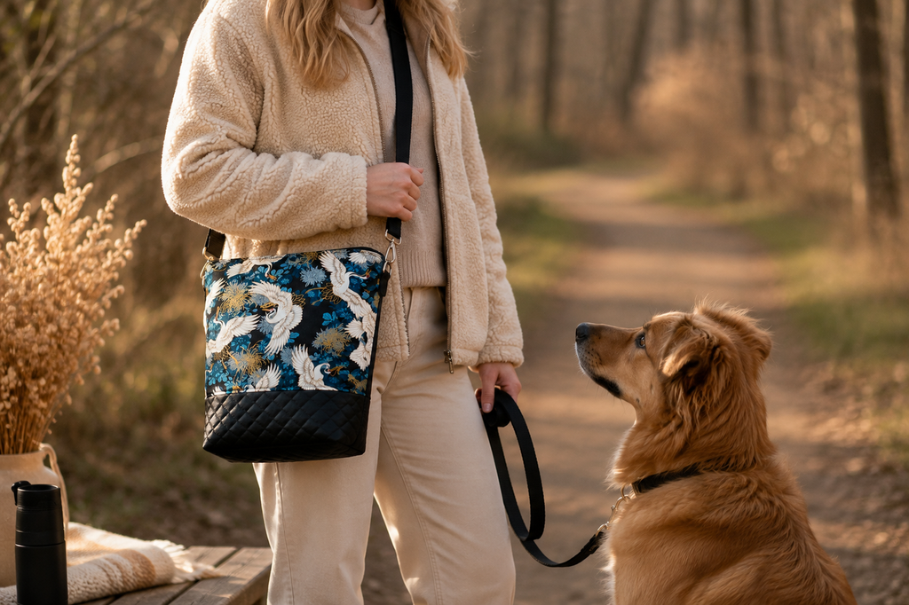 Gassitasche „Kranich“ beim Spaziergang mit Hund, getragen über der Schulter
