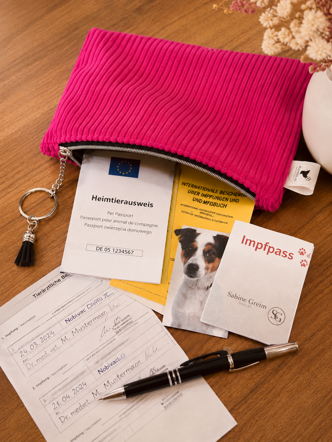 Dokumentenmappe für Hunde aus pinkem Breitcord mit Impfpass und wichtigen Hundedokumenten