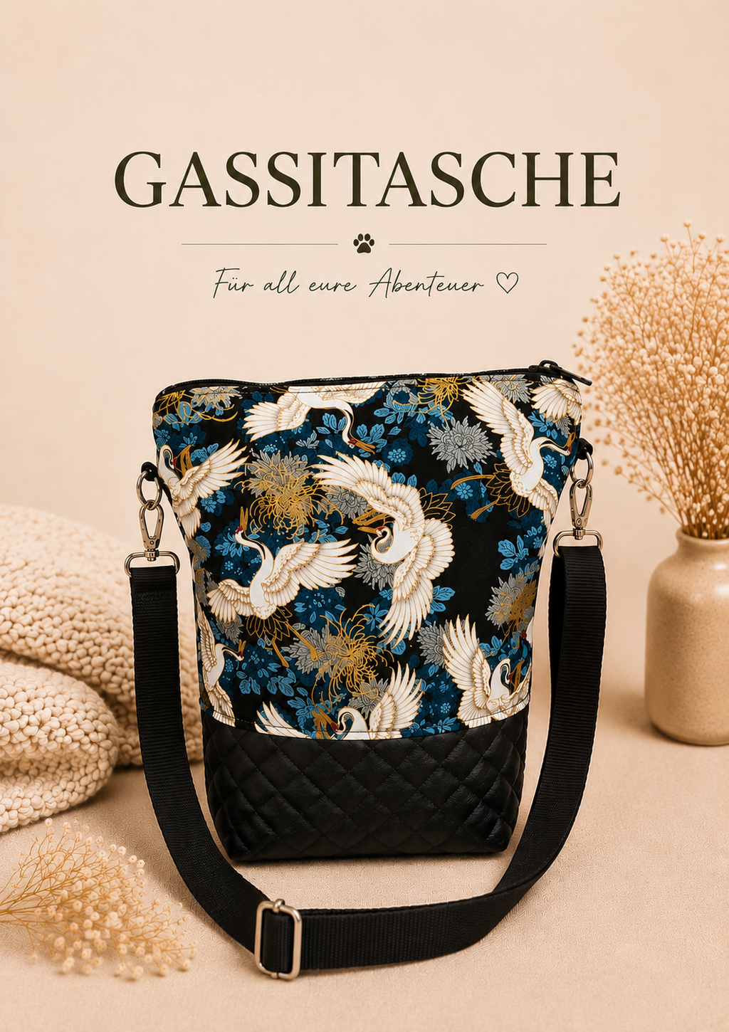 Gassitasche „Kranich“ mit japanischem Kranichmuster und schwarzem Steppboden