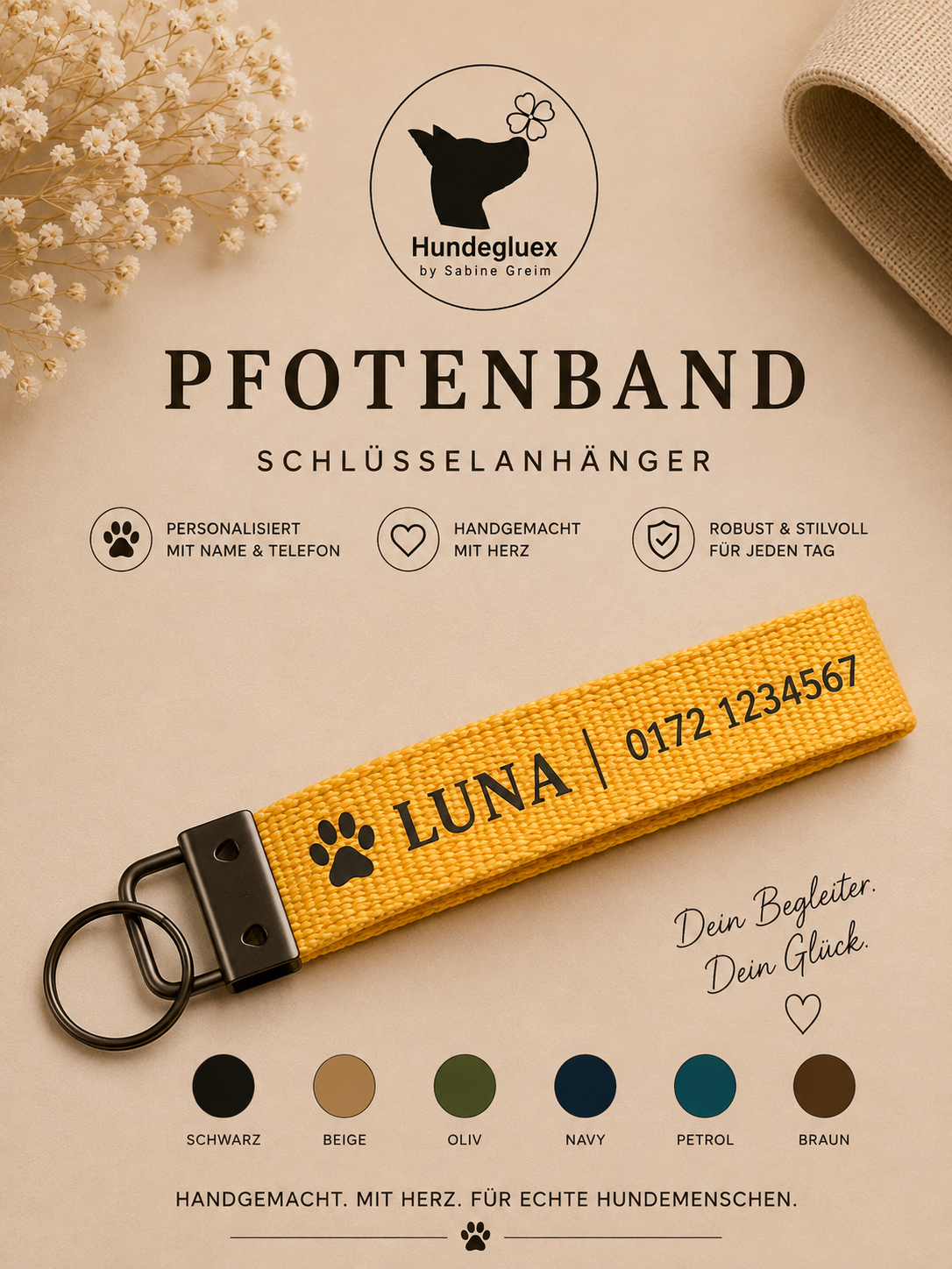Pfotenband „Seelenhund“ in Gelb mit personalisiertem Aufdruck und schwarzem Beschlag
