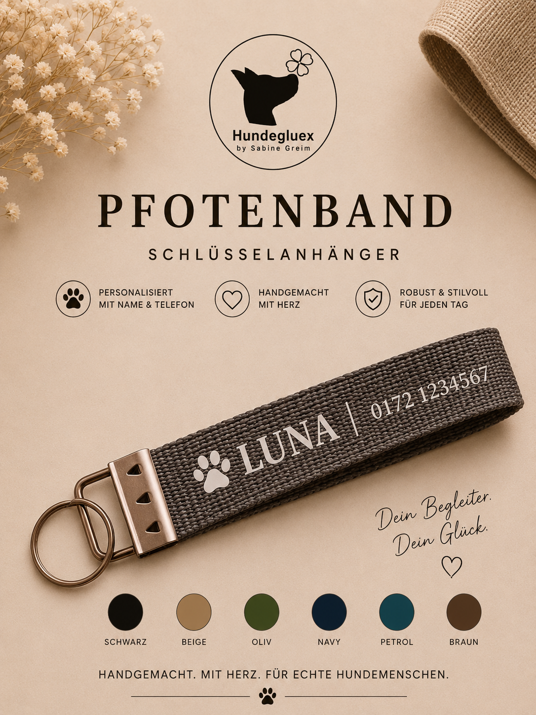 Pfotenband „Seelenhund“ in Grau mit personalisiertem Aufdruck und schwarzem Beschlag
