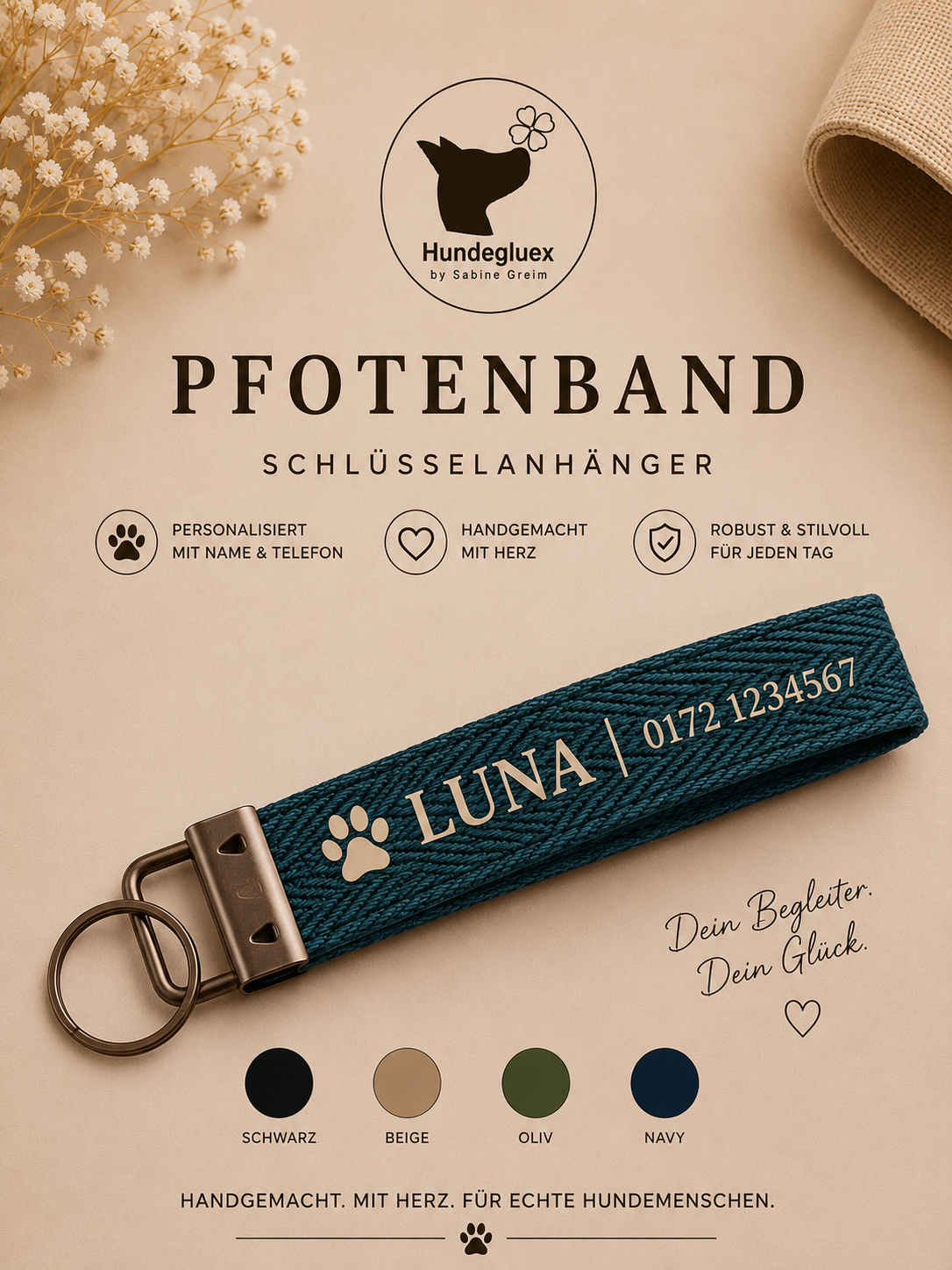 Pfotenband „Seelenhund“ in Petrol mit personalisiertem Aufdruck und schwarzem Beschlag
