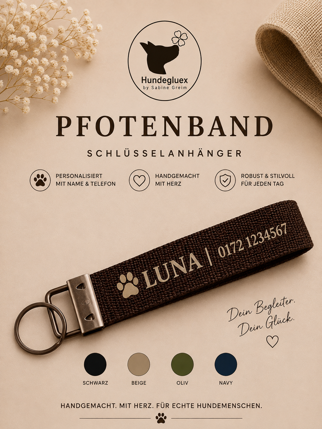 Pfotenband „Seelenhund“ in Braun mit personalisiertem Aufdruck und schwarzem Beschlag
