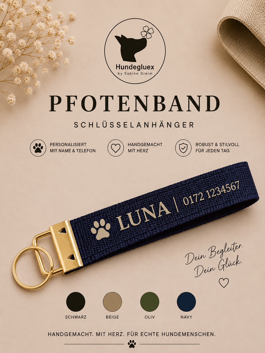 Pfotenband „Seelenhund“ in Blau mit personalisiertem Aufdruck und schwarzem Beschlag
