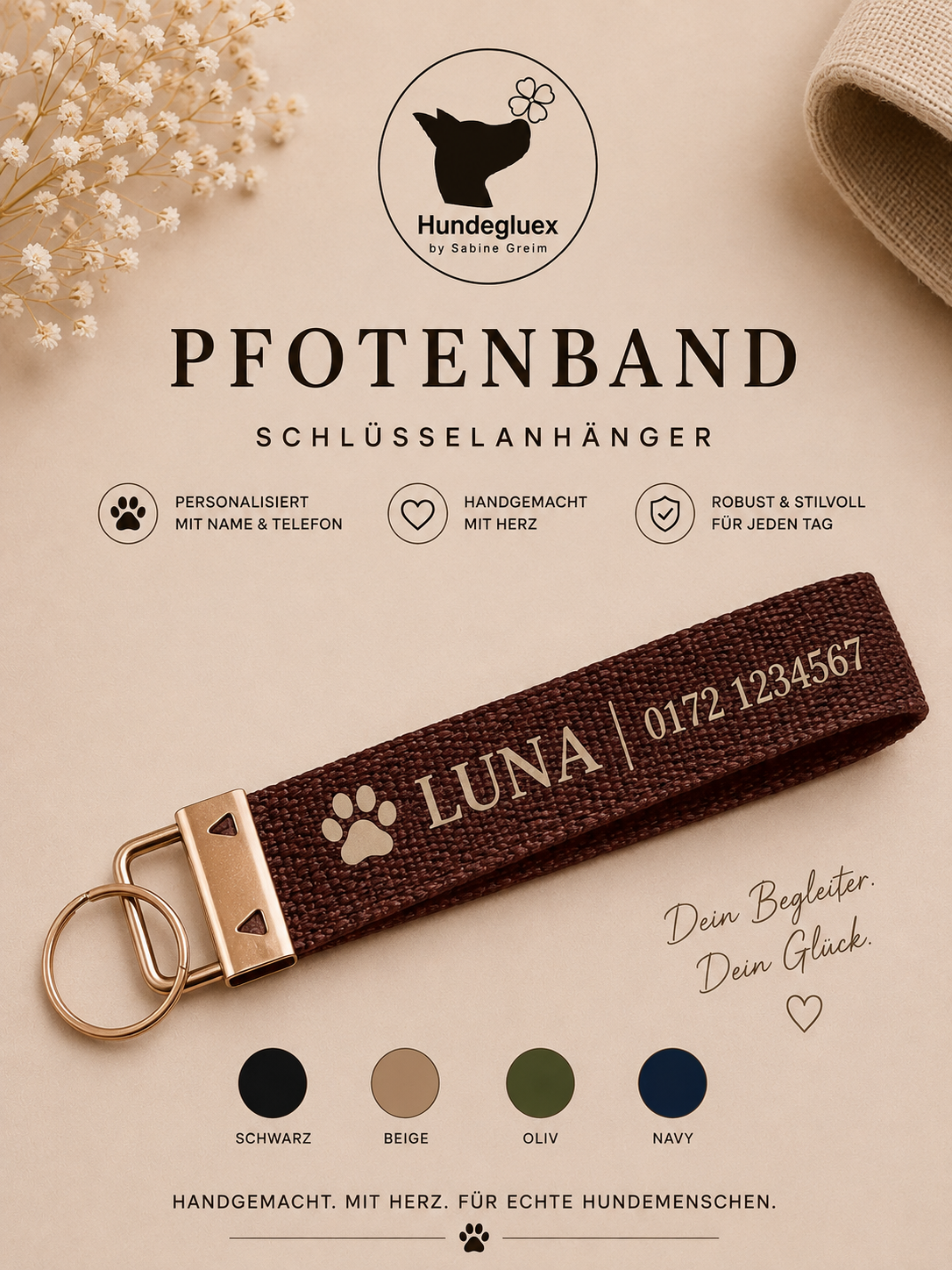 Pfotenband „Seelenhund“ in Braun mit personalisiertem Aufdruck und schwarzem Beschlag
