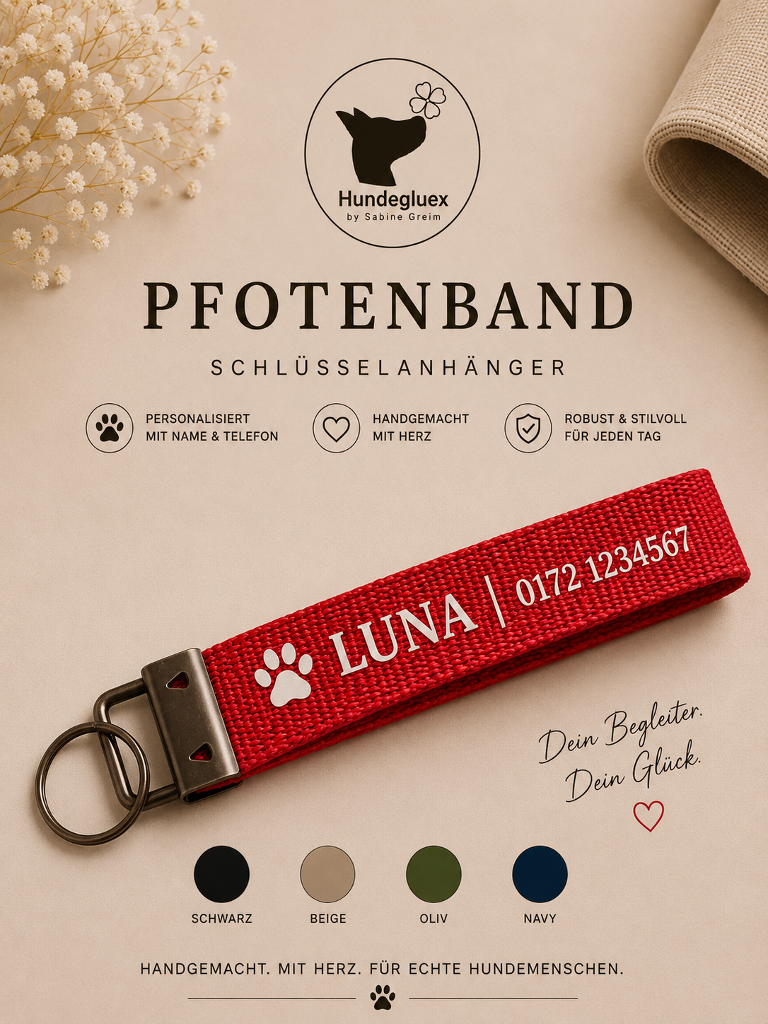 Pfotenband „Seelenhund“ in Rot mit personalisiertem Aufdruck und schwarzem Beschlag
