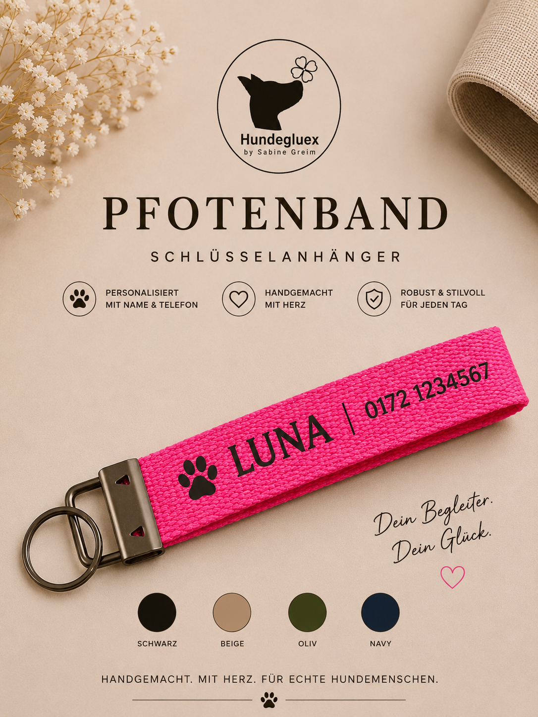Pfotenband „Seelenhund“ in Pink mit personalisiertem Aufdruck und schwarzem Beschlag
