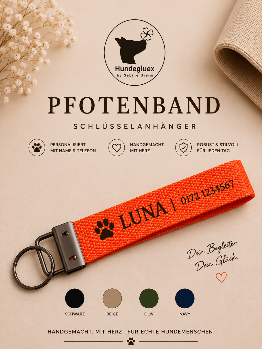 Pfotenband „Seelenhund“ in Orange mit personalisiertem Aufdruck und schwarzem Beschlag
