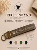 Pfotenband „Seelenhund“ in Taupe mit personalisiertem Aufdruck und schwarzem Beschlag
