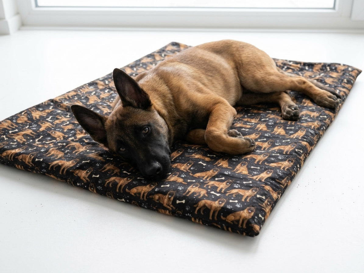 Hundedecke Oscar Schäferhund mit braunen Schäferhund-Motiven auf dunklem Softshell, mit einem liegenden Schäferhund als Anwendungsbeispiel.