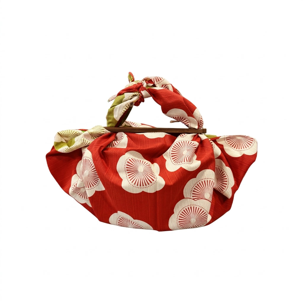 Japanische Furoshiki-Wendetasche mit rotem Blumenmuster, cremefarbenen Blüten und grünem Stoffdetail, kombiniert mit elegantem Bambusgriff – handgefertigte Tasche für Alltag und Freizeit.