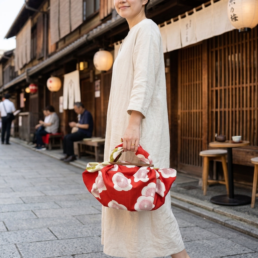 Lifestyle-Foto einer japanischen Furoshiki-Wendetasche mit abnehmbaren Bambusgriffen, rotem Stoff mit cremefarbenem Blumenmuster und olivgrüner Wendeseite – elegante, alltagstaugliche Handtasche im japanischen Stil.
