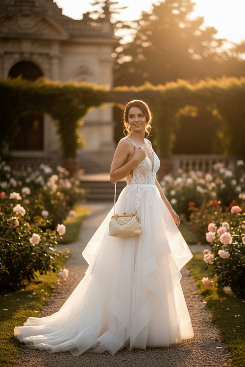 **Alt-Text:**

Braut mit weißem Hochzeitskleid und cremefarbener Bügeltasche mit goldfarbenem Bügelverschluss und Kettenhenkel im romantischen Rosengarten.
