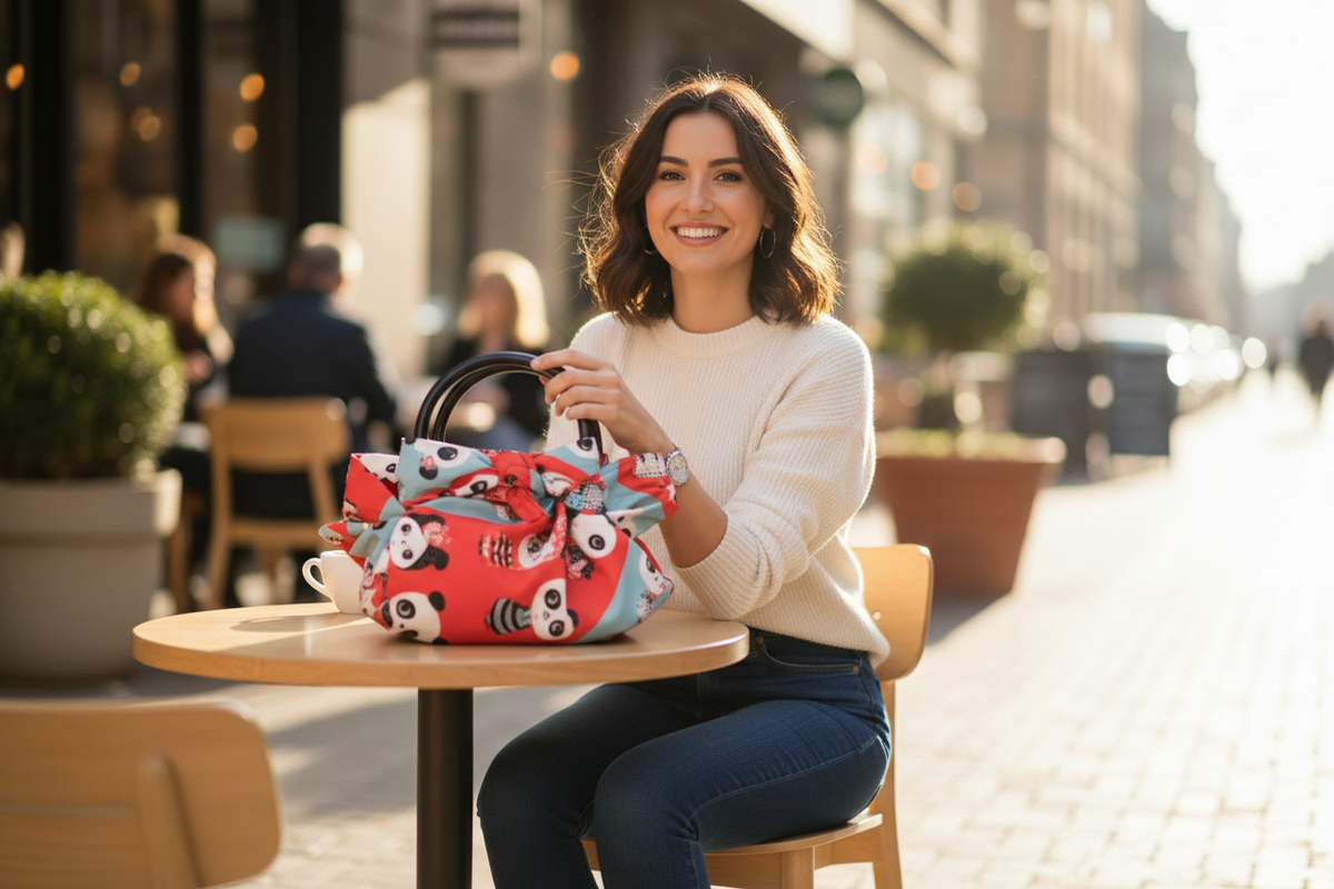 Furoshiki-Tasche „Panda“ im Alltag mit schwarzem Henkel in einer Café-Szene

