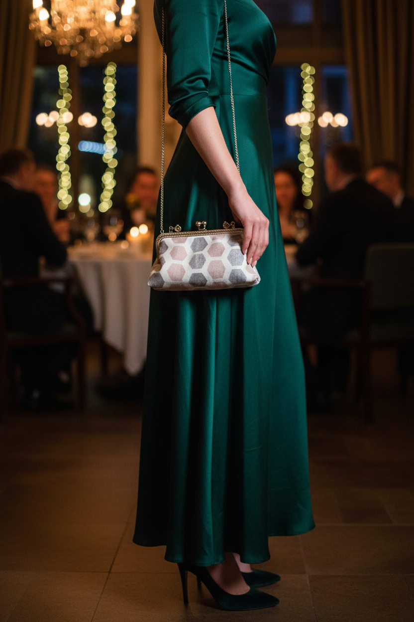 Bügeltasche „Facette“ als elegante Schultertasche bei einer Abendveranstaltung getragen
