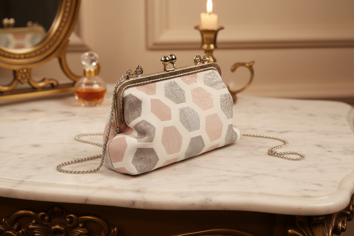 Bügeltasche „Facette“ mit geometrischem Jacquard-Muster, silbernem Bügel und Kette

