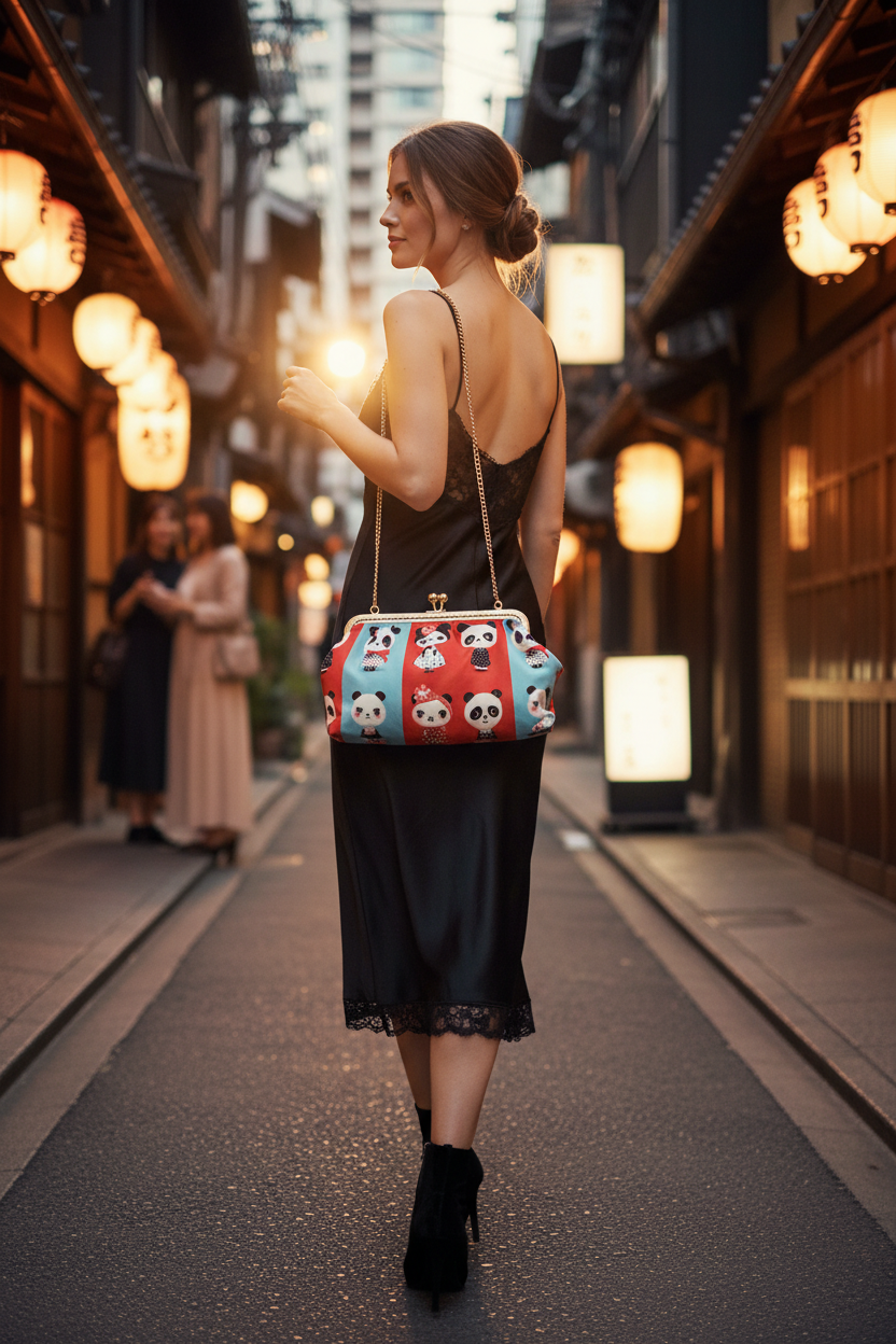 Bügeltasche „Panda“ als Schultertasche getragen in einer japanisch inspirierten Straßenszene
