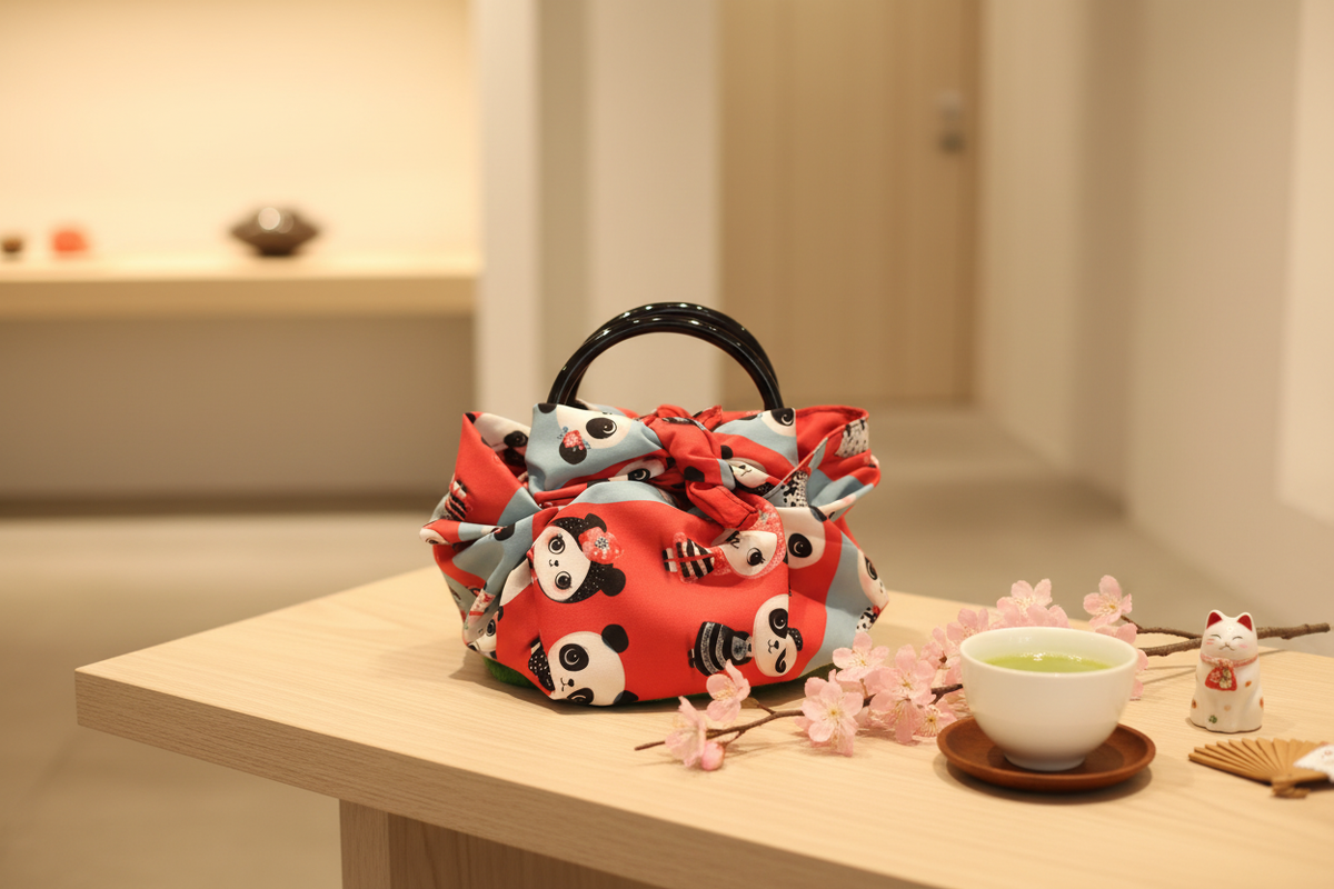 Furoshiki-Tasche „Panda“ mit rotem Panda-Motiv und schwarzen Kunststoffgriffen

